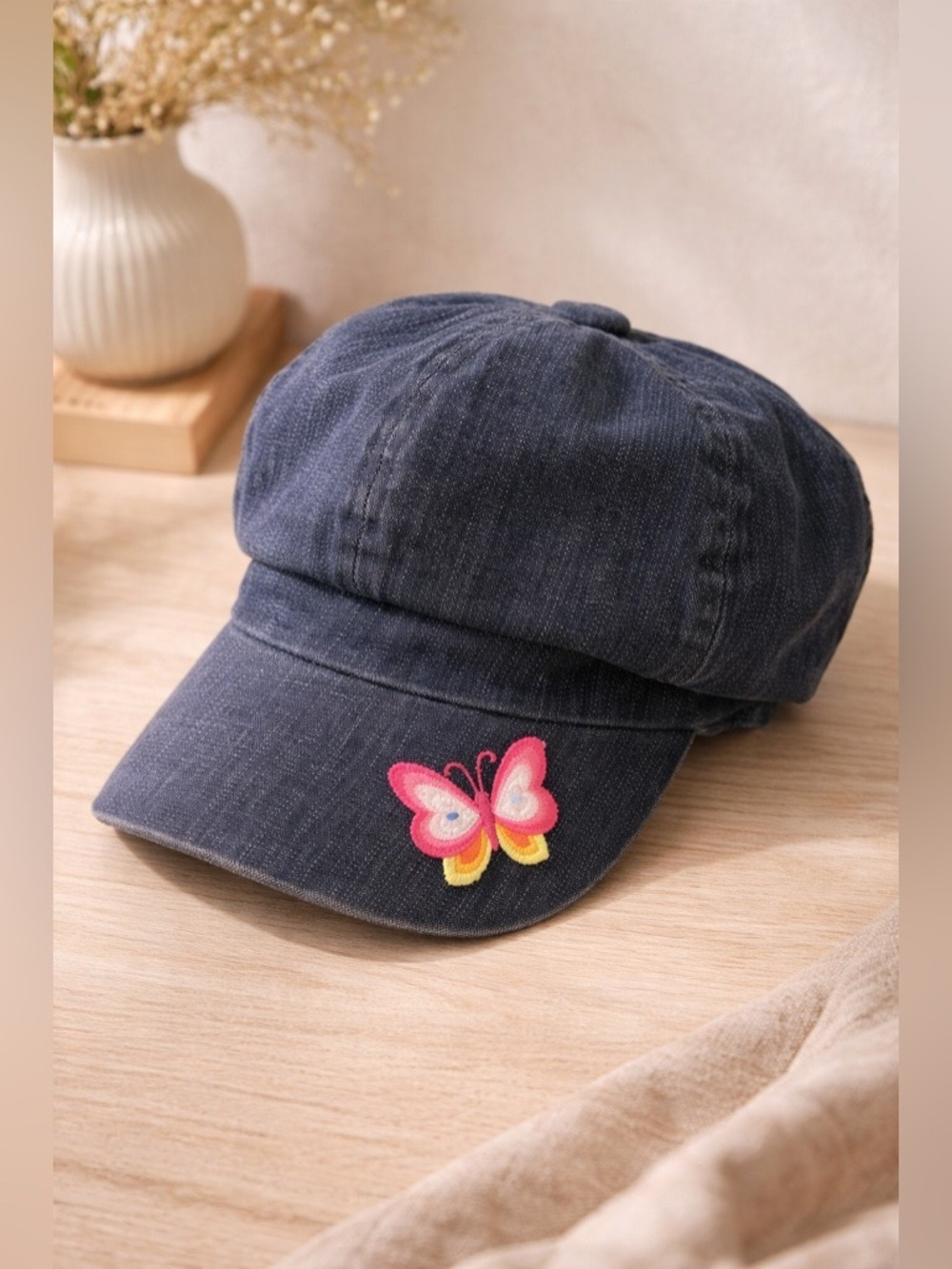 Denim Newsboy Cap ✧ GAP Kid ✧ Pink Butterfly Embroidery ✧ Soft Vintage Inspired